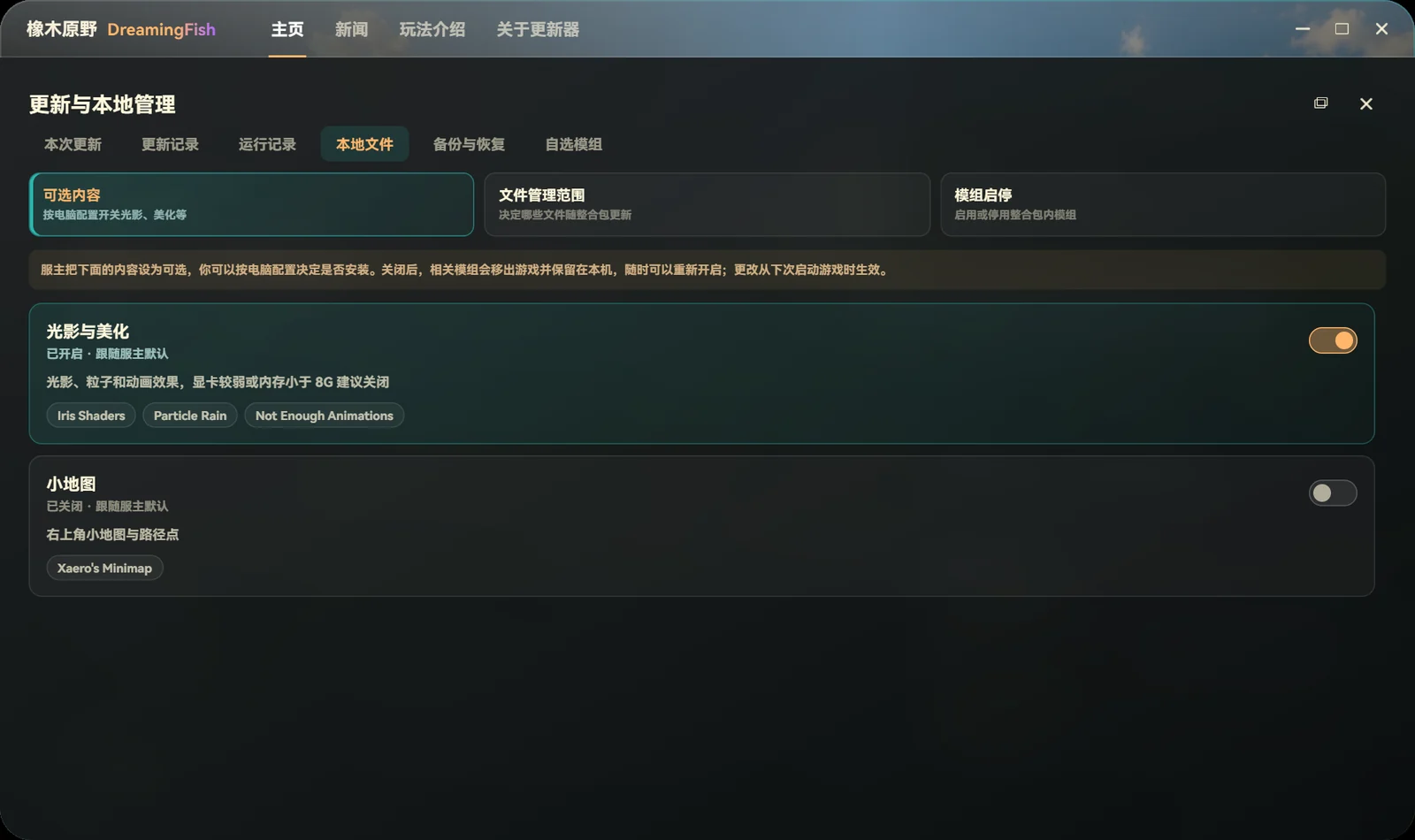 “可选内容”中的光影与美化开关